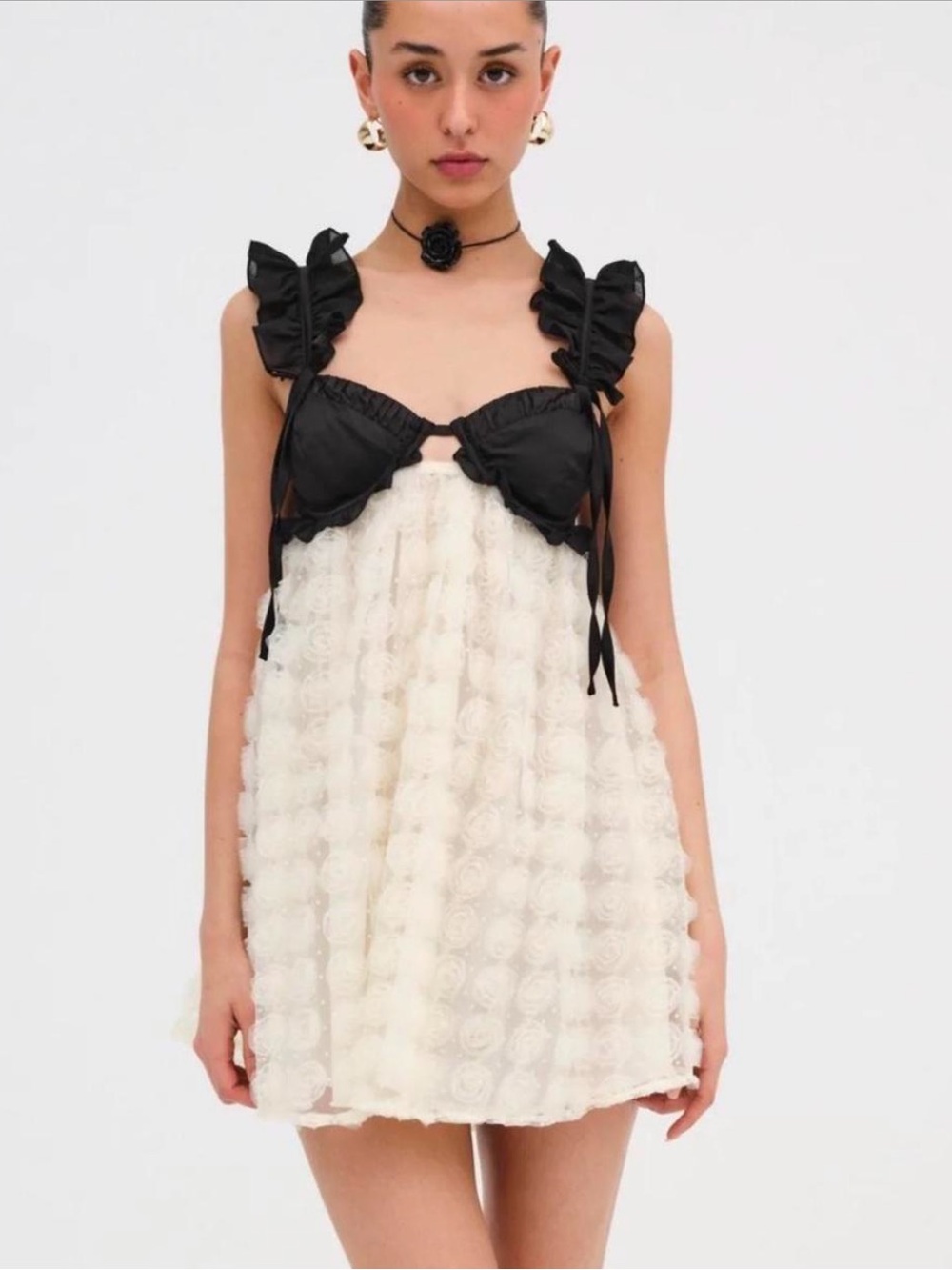 For Love and Lemons Black Poppi Dress: Black & Cream Ruffle Strap Babydoll Dress